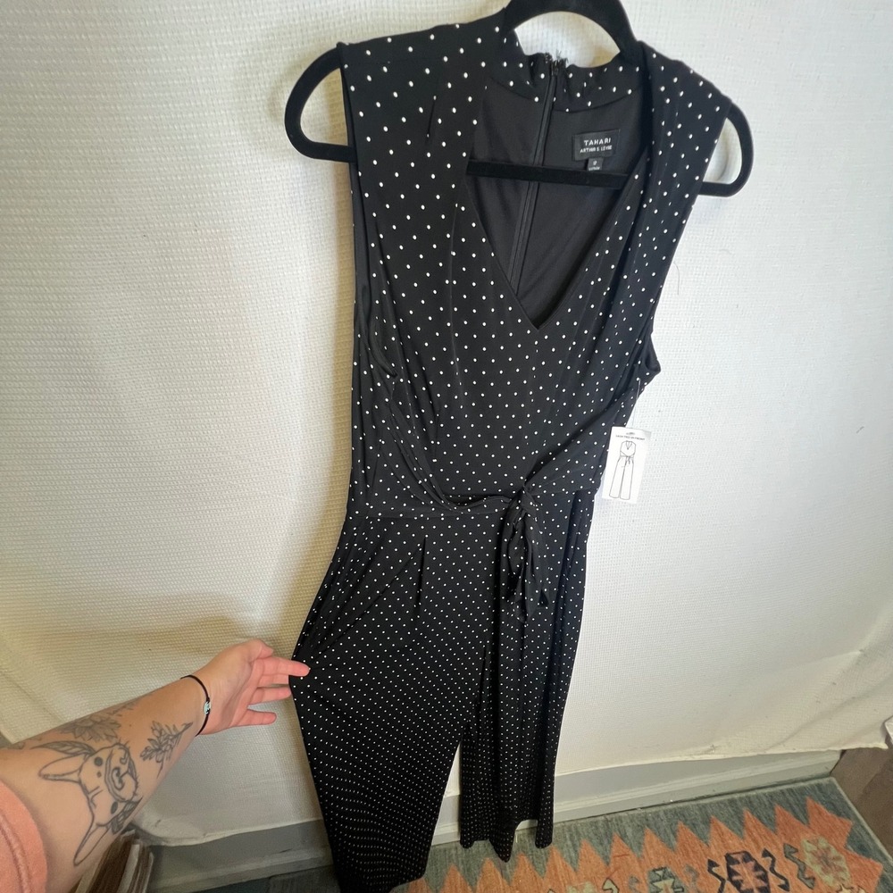 Tahari Arthur S Levine Womens Polka Dot Wide Leg Jumpsuit Black White 12 NWT